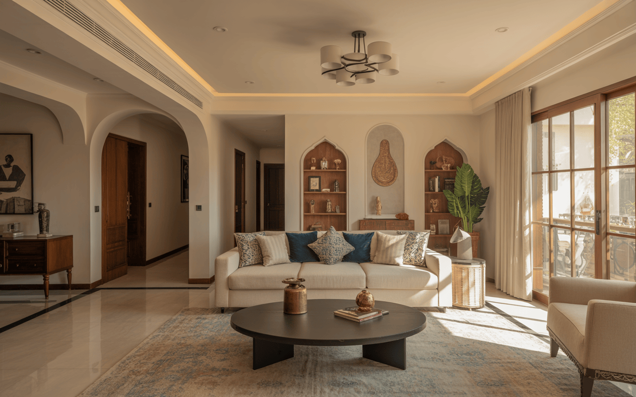 Classic interior designers in Gurgaon styled living room with cultural elegance