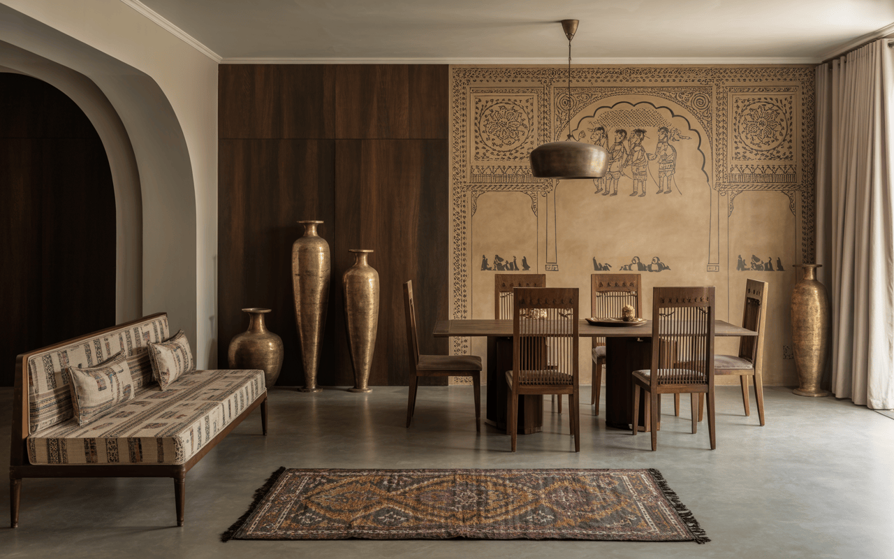 Traditional interior designers in Gurgaon styled dining room with cultural wall art