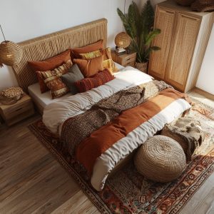 Simple Indian bedroom interior design with earthy decor and styling