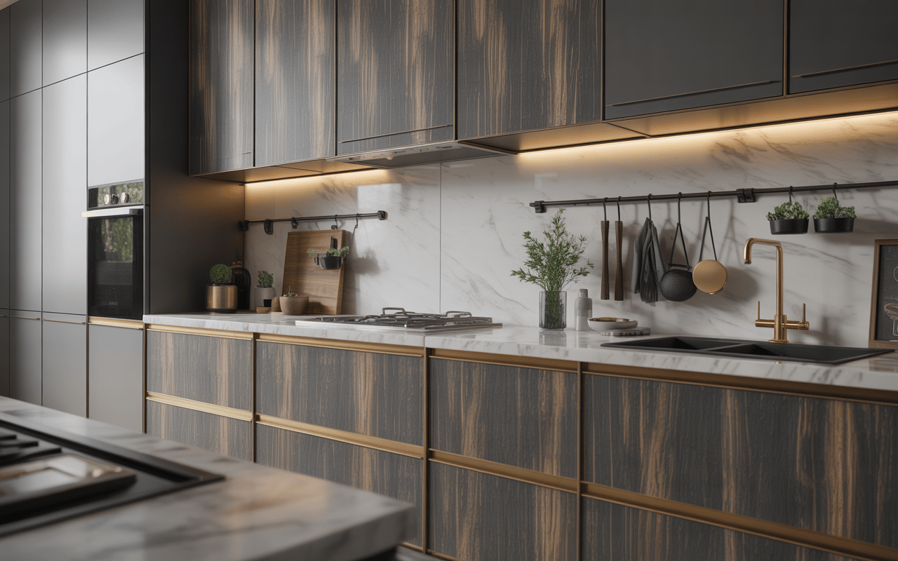 Luxury modular kitchen cabinet with wood and matte black finish for elegant homes