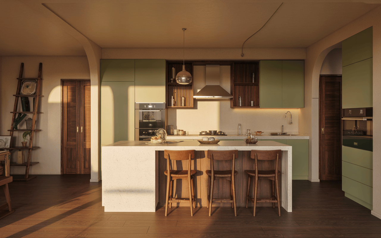 Warm modular kitchen cabinet with soft green tones and wood-accented finish