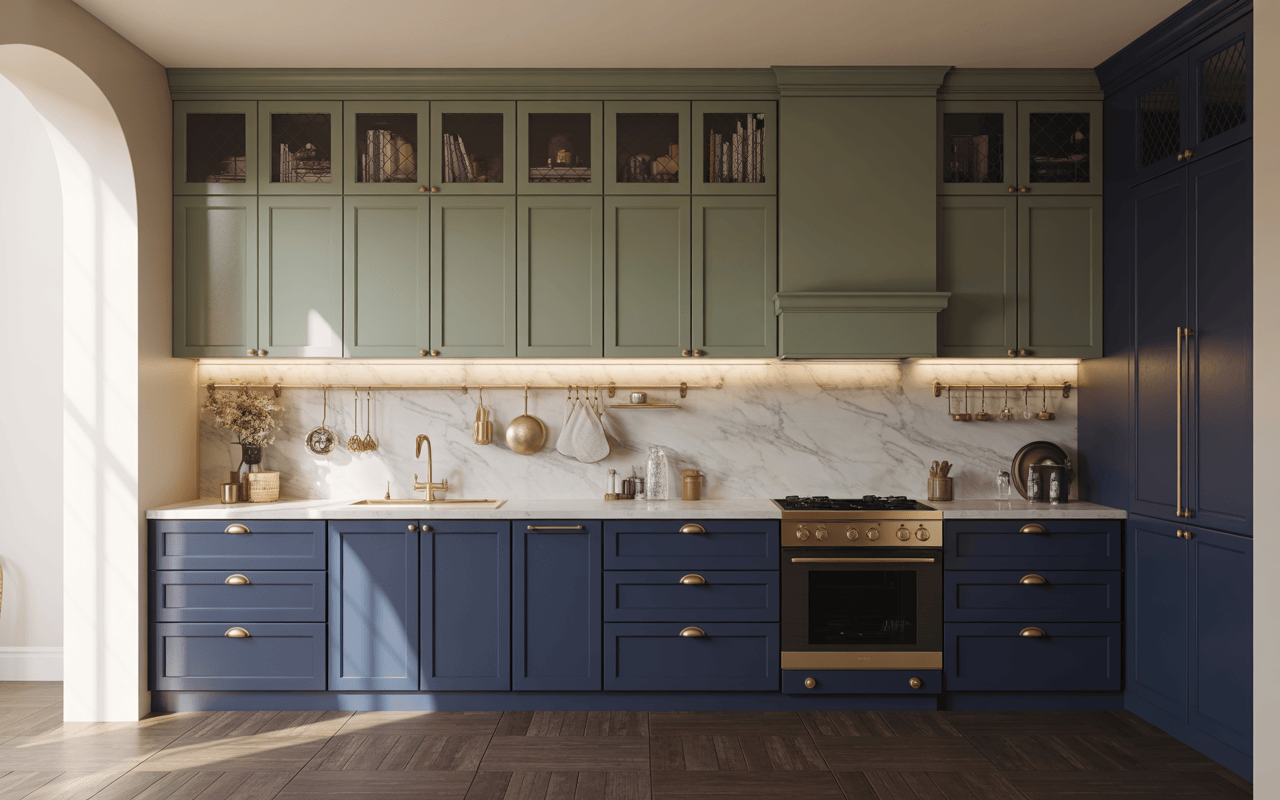 Chic modern modular kitchen cabinets in navy blue and green with marble backsplash