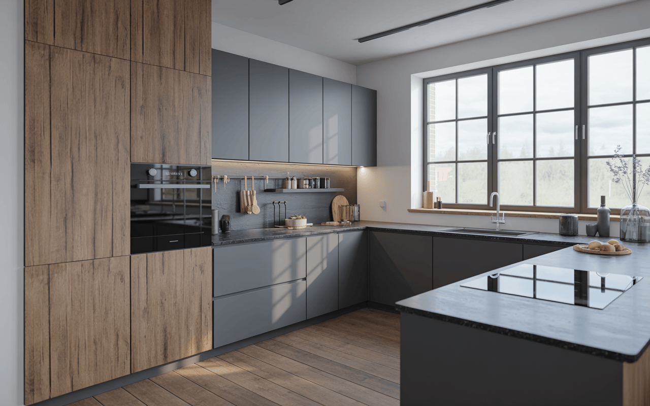 Stylish modern modular kitchen cabinets with wood and matte grey finishes