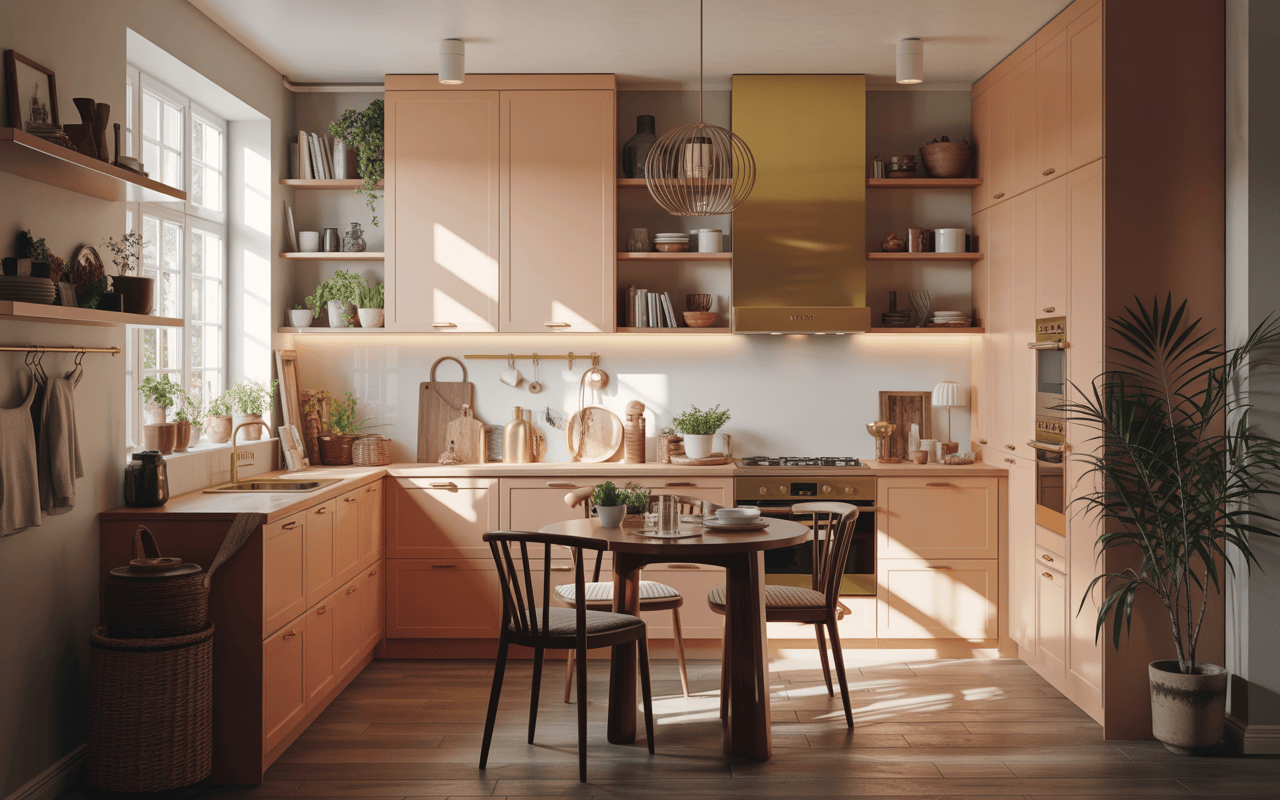Bright modular kitchen cabinets design with peach tones and golden chimney finish