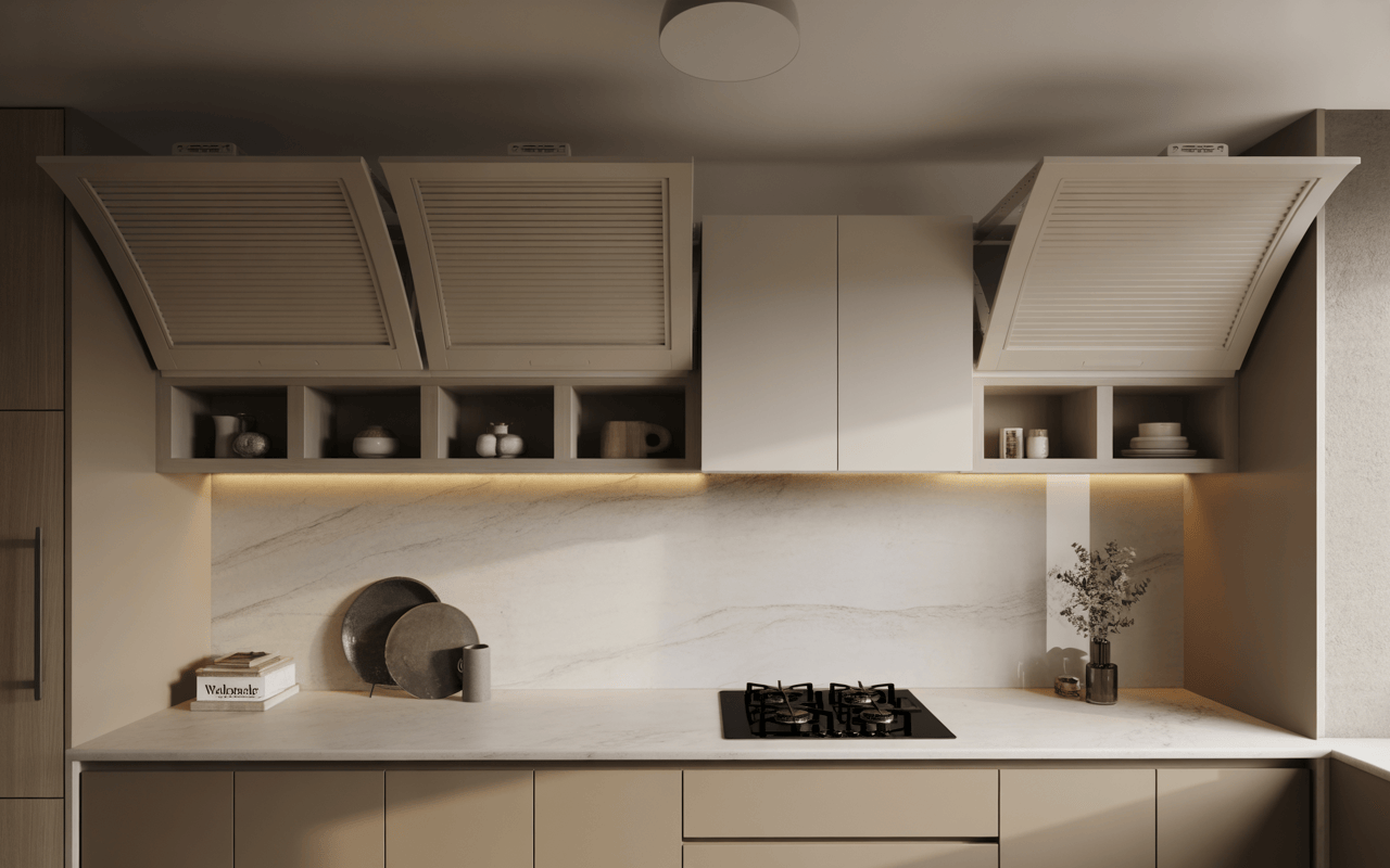 Stylish modular kitchen upper cabinets with lift-up shutters and smart storage