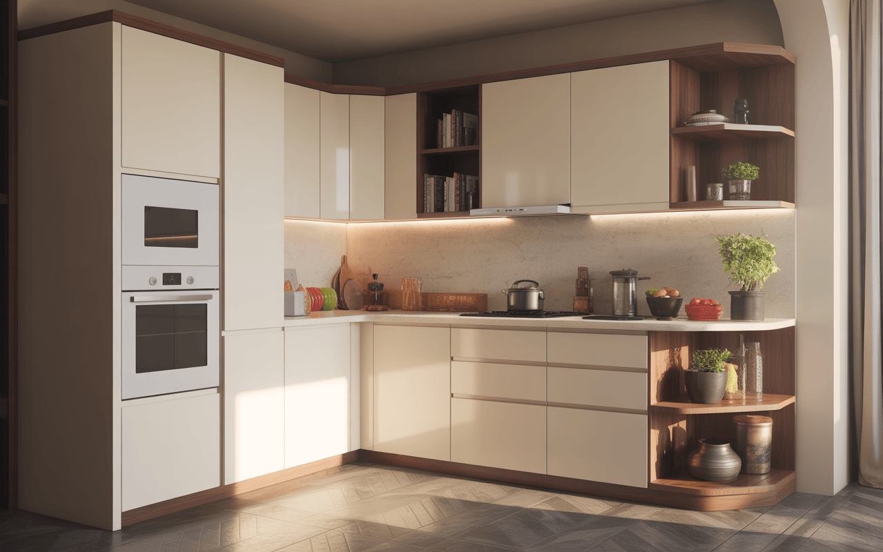 Elegant modern modular kitchen cabinets with open shelving and sleek finishes