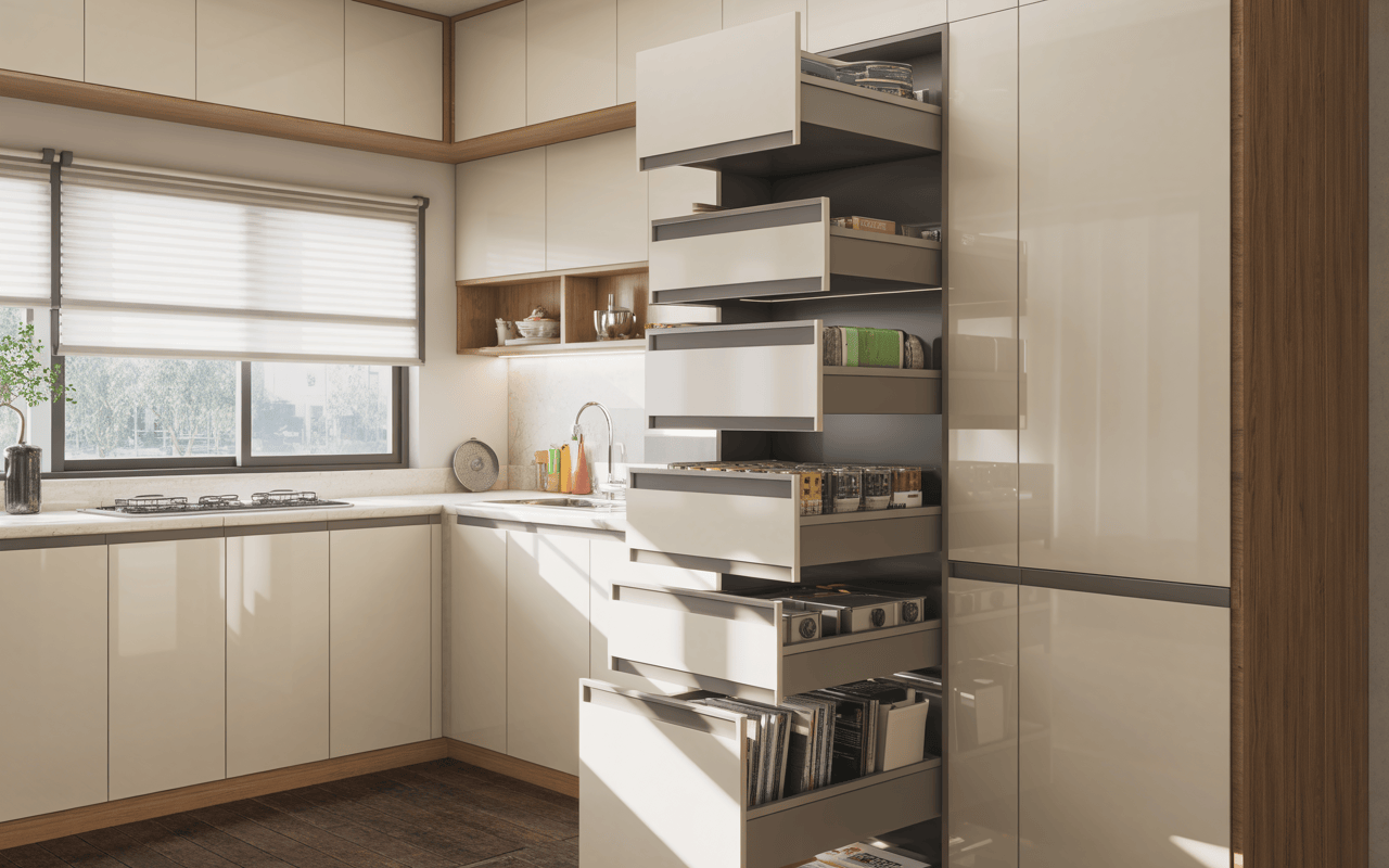 Smart small kitchen modular cabinet design with pull-out drawers for storage