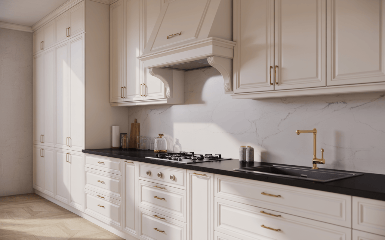 Elegant white modular kitchen cabinets with gold handles and marble backdrop