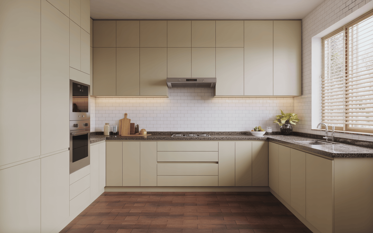 Classic l shape modular kitchen design with tiled backsplash and sleek beige interiors