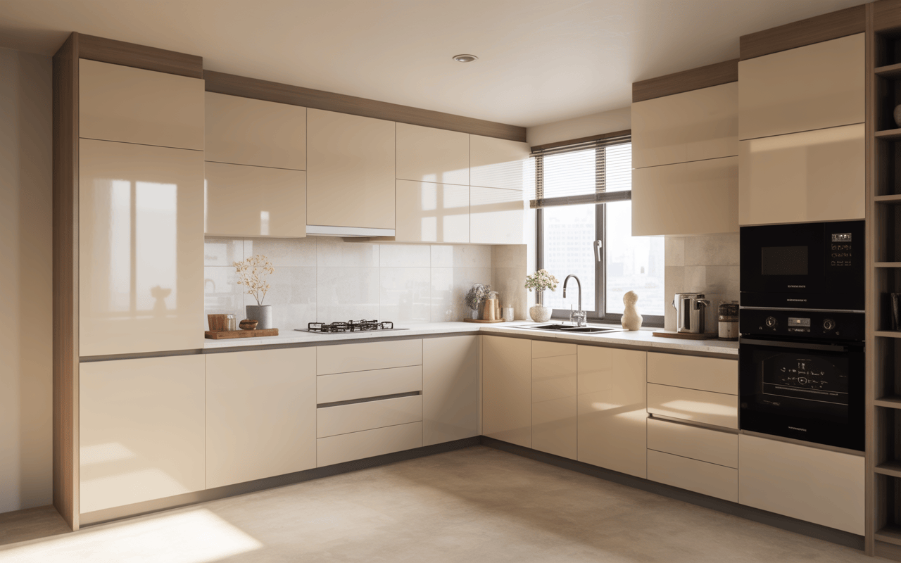 Glossy l shape modular kitchen design with beige cabinets and sleek modern interiors