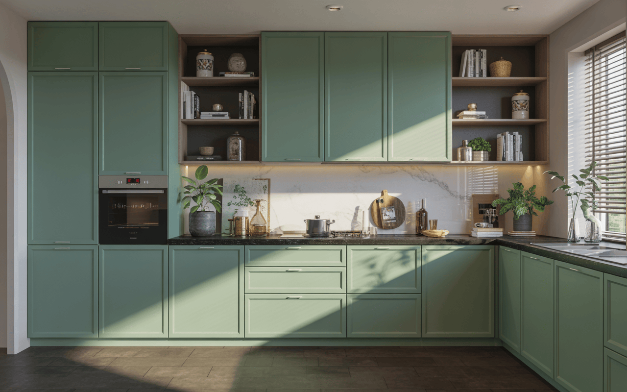 Stylish l shape modular kitchen design with green cabinets and modern colour combinations
