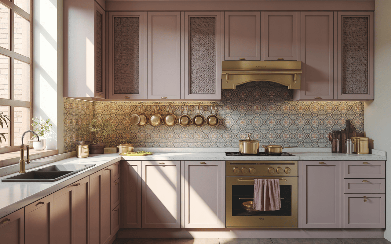 Elegant l shape modular kitchen design with pastel cabinets and patterned backsplash tiles