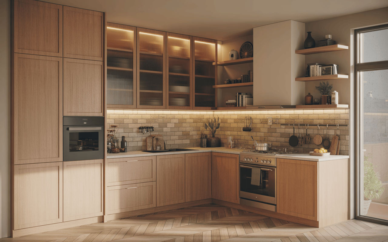 Warm l shape modular kitchen design with wooden cabinets, brick backsplash and cosy lighting
