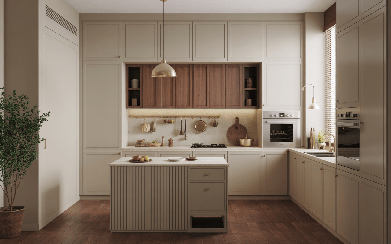 Elegant l shape modular kitchen design with island counter, wooden cabinets and warm lighting