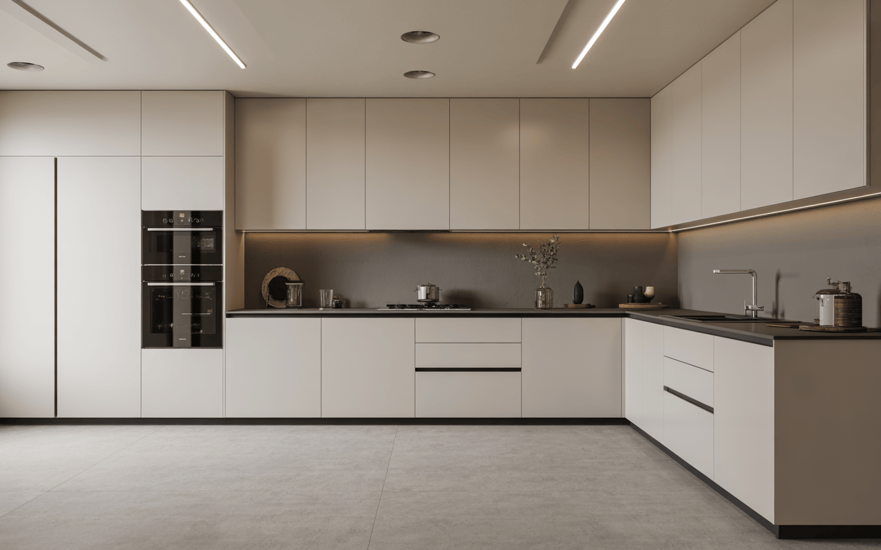 Minimalist l shape modular kitchen design with sleek cabinets and modern interiors