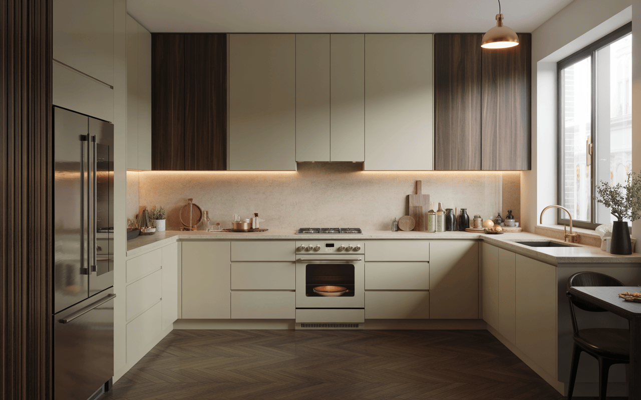 Modern l shape modular kitchen design with elegant interiors and smart storage solutions