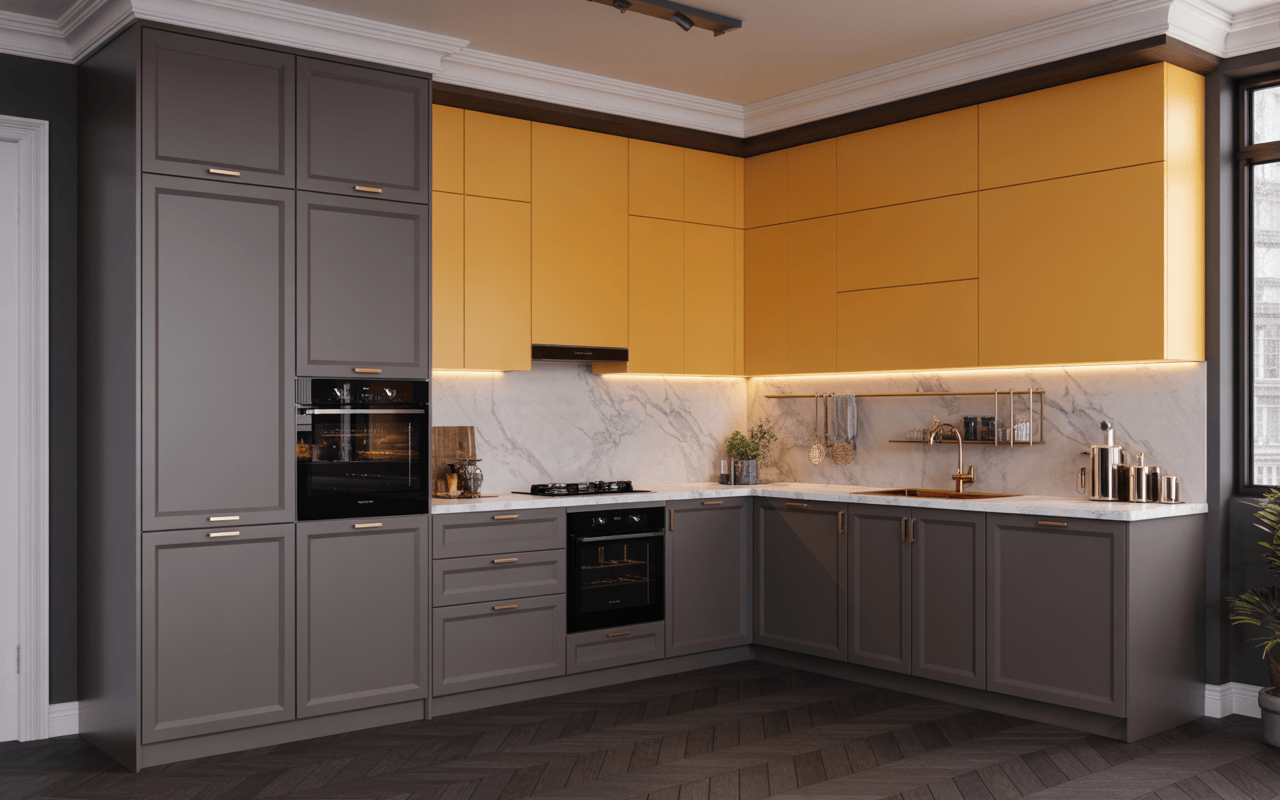 Trendy l shape modular kitchen design with bold yellow and grey colour combinations