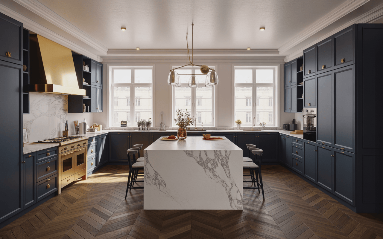 Luxury l shape modular kitchen design with navy cabinets, gold accents and marble island