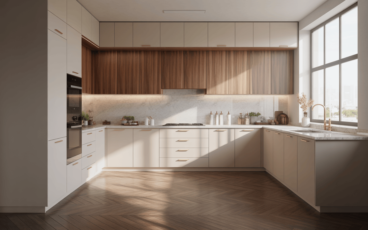 Elegant l shape modular kitchen design with modern interiors and smart colour combinations