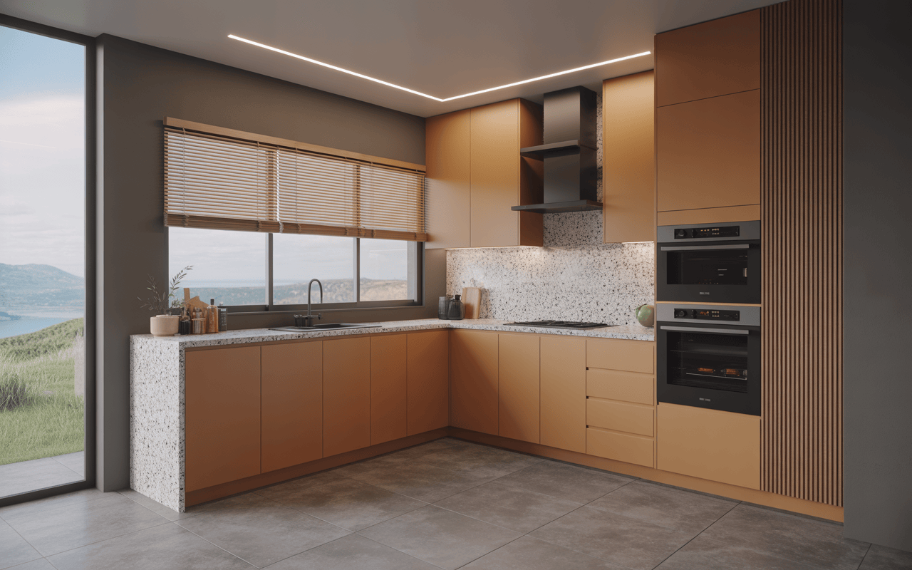 Contemporary l shape modular kitchen design with terrazzo backsplash and warm cabinet tones