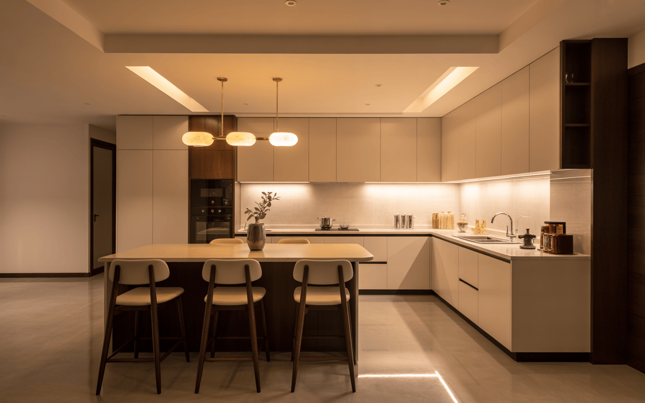 Elegant l shape modular kitchen design with warm lighting and modern island interiors
