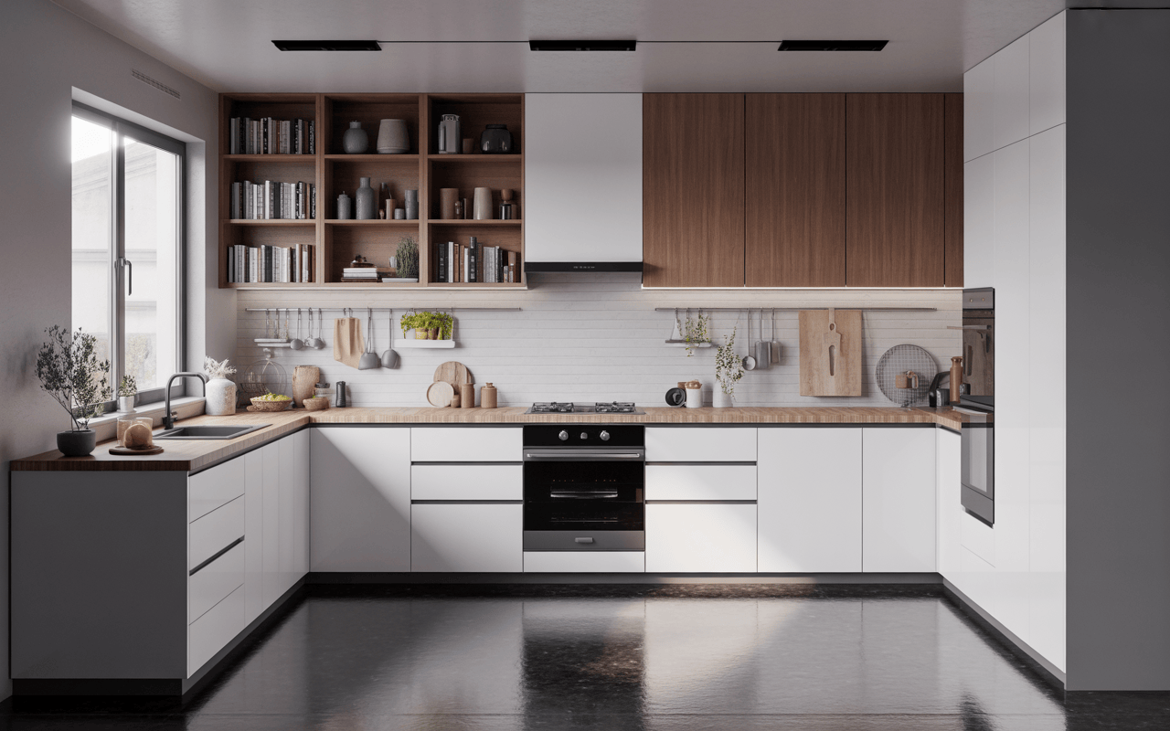 Contemporary l shape modular kitchen design with open shelves, white cabinets and wood finish