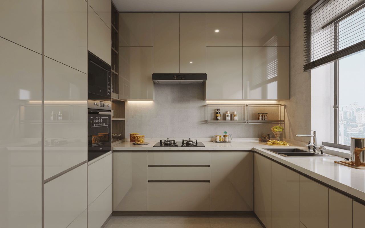 Sleek l shape modular kitchen design with glossy cabinets and modern interior styling