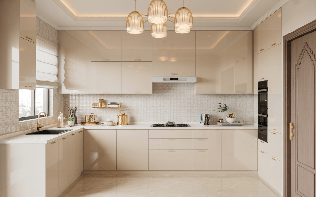 Elegant glossy acrylic modular kitchen design with warm beige tones and gold accents