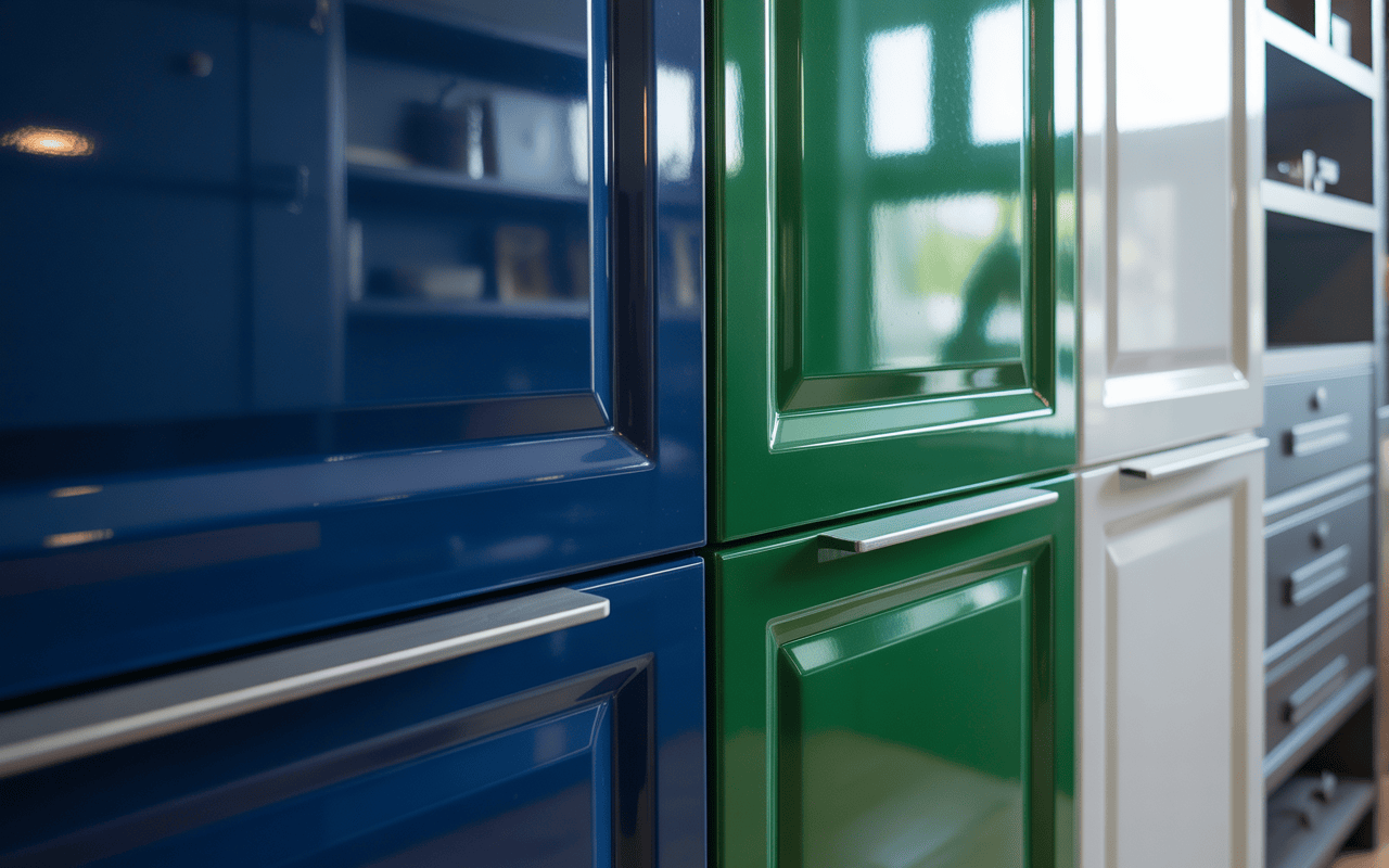 Colorful acrylic modular kitchen design with glossy cabinet door finishes