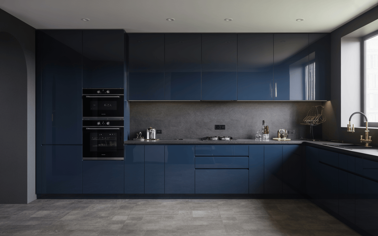 Elegant glossy acrylic modular kitchen design in deep navy with matte finish walls