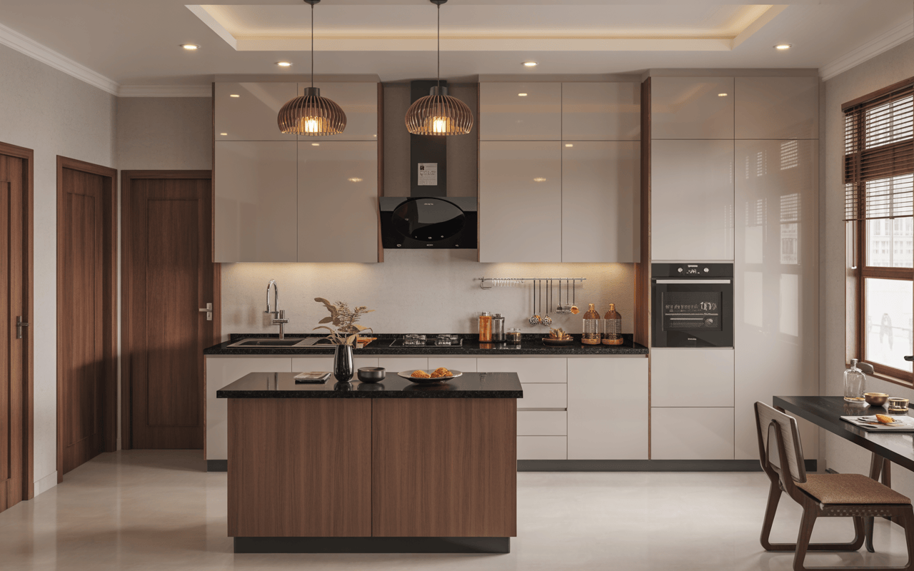 Modern acrylic modular kitchen with island and warm wood finishes