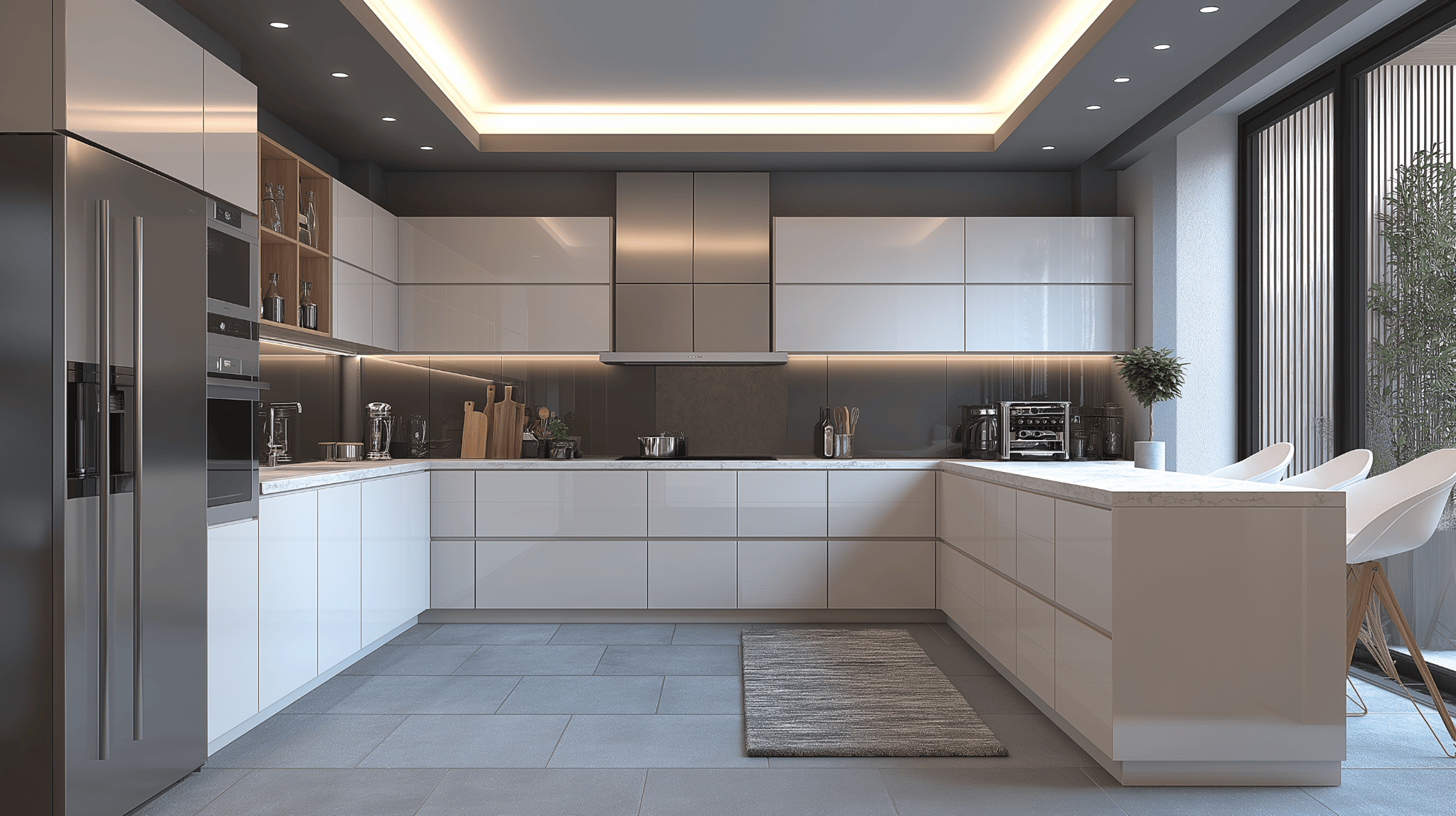 Spacious white acrylic modular kitchen with sleek cabinets and modern lighting