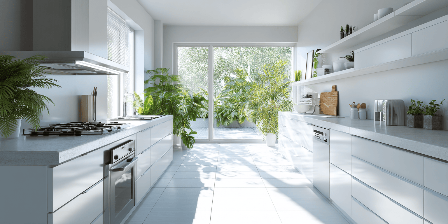 Bright white acrylic modular kitchen filled with greenery and natural sunlight
