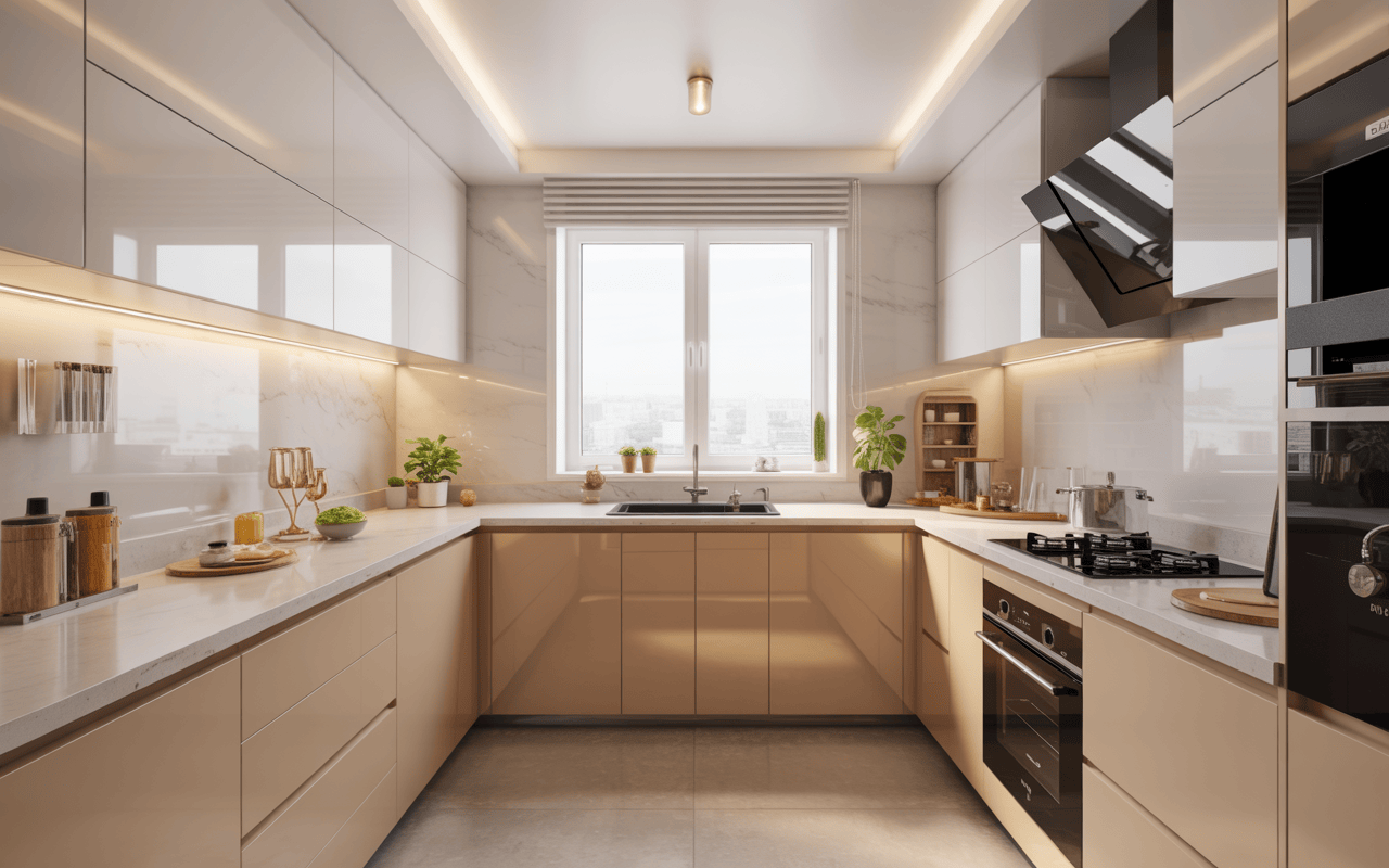 Modern u shaped acrylic modular kitchen with warm beige tones and sleek lighting