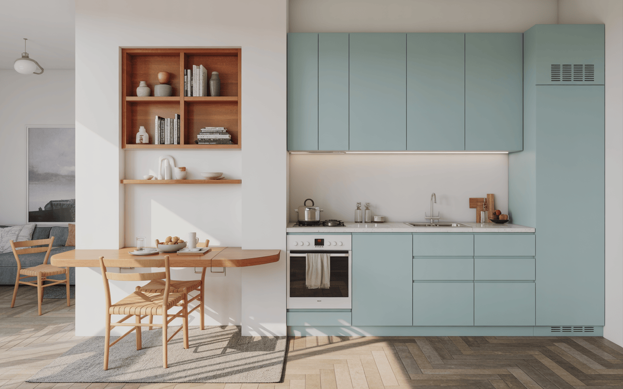 Compact modular kitchen at low cost in pastel blue with foldable dining setup