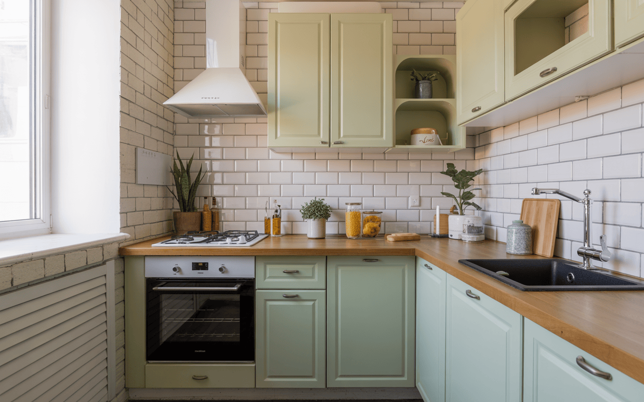 Charming small u shape low budget modular kitchen with mint green cabinets