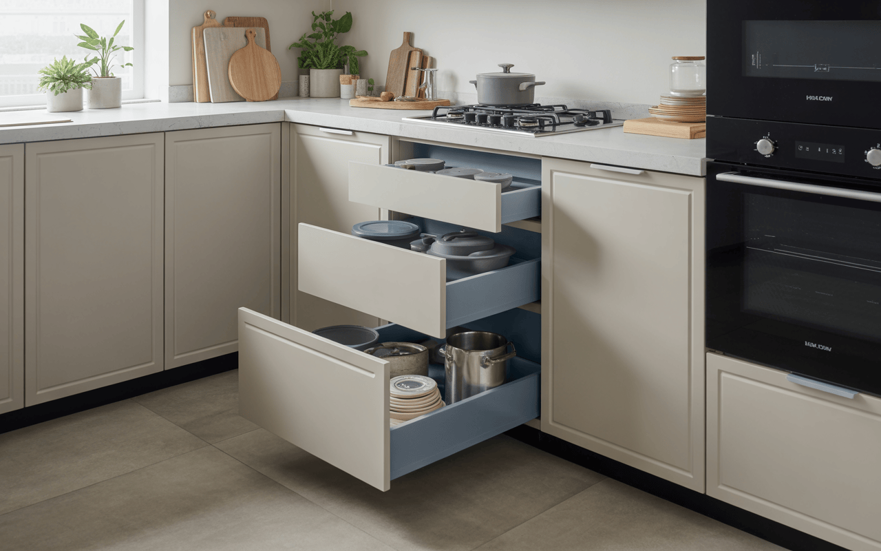 Functional modular kitchen at low cost with organized pull-out drawers and hob