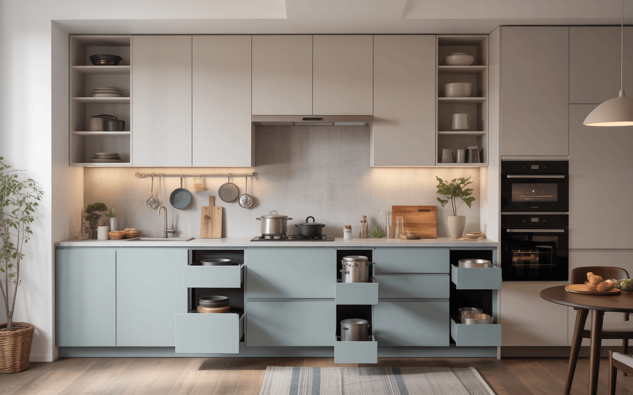 Modern low cost modular kitchen design with soft lighting and smart storage