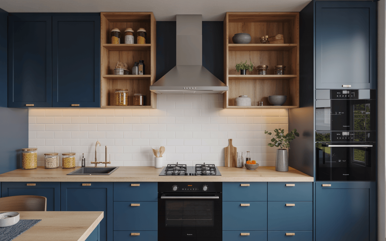 Chic small budget modular kitchen in blue with wood accents and smart storage