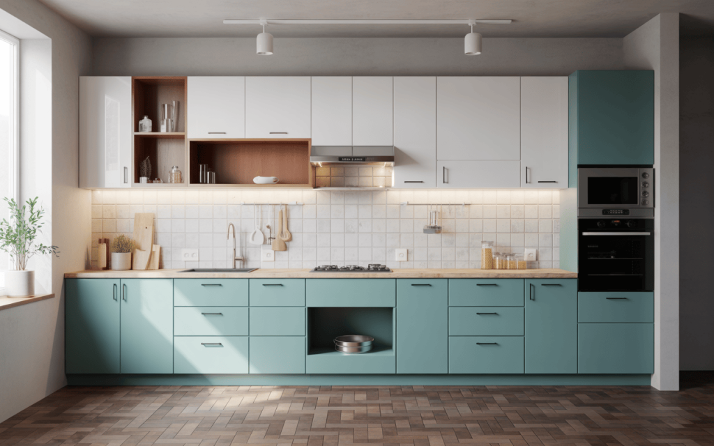 Trendy low cost modular kitchen design in white and teal for spacious interiors