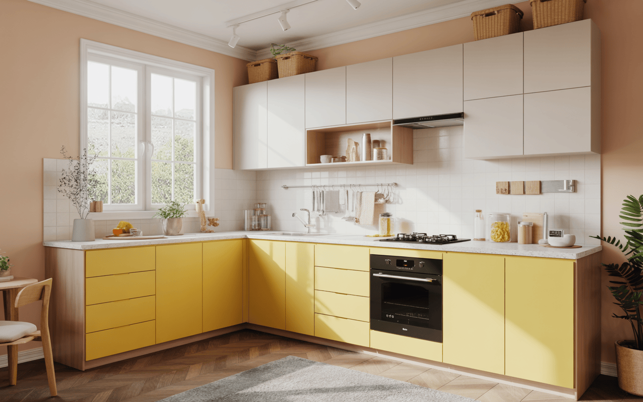 Bright low budget modular kitchen designs with yellow base and white overhead cabinets