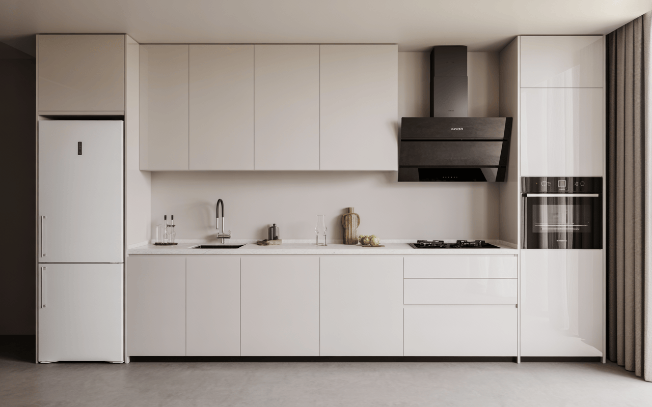 Sleek low budget modular kitchen with glossy white finish and black chimney hood