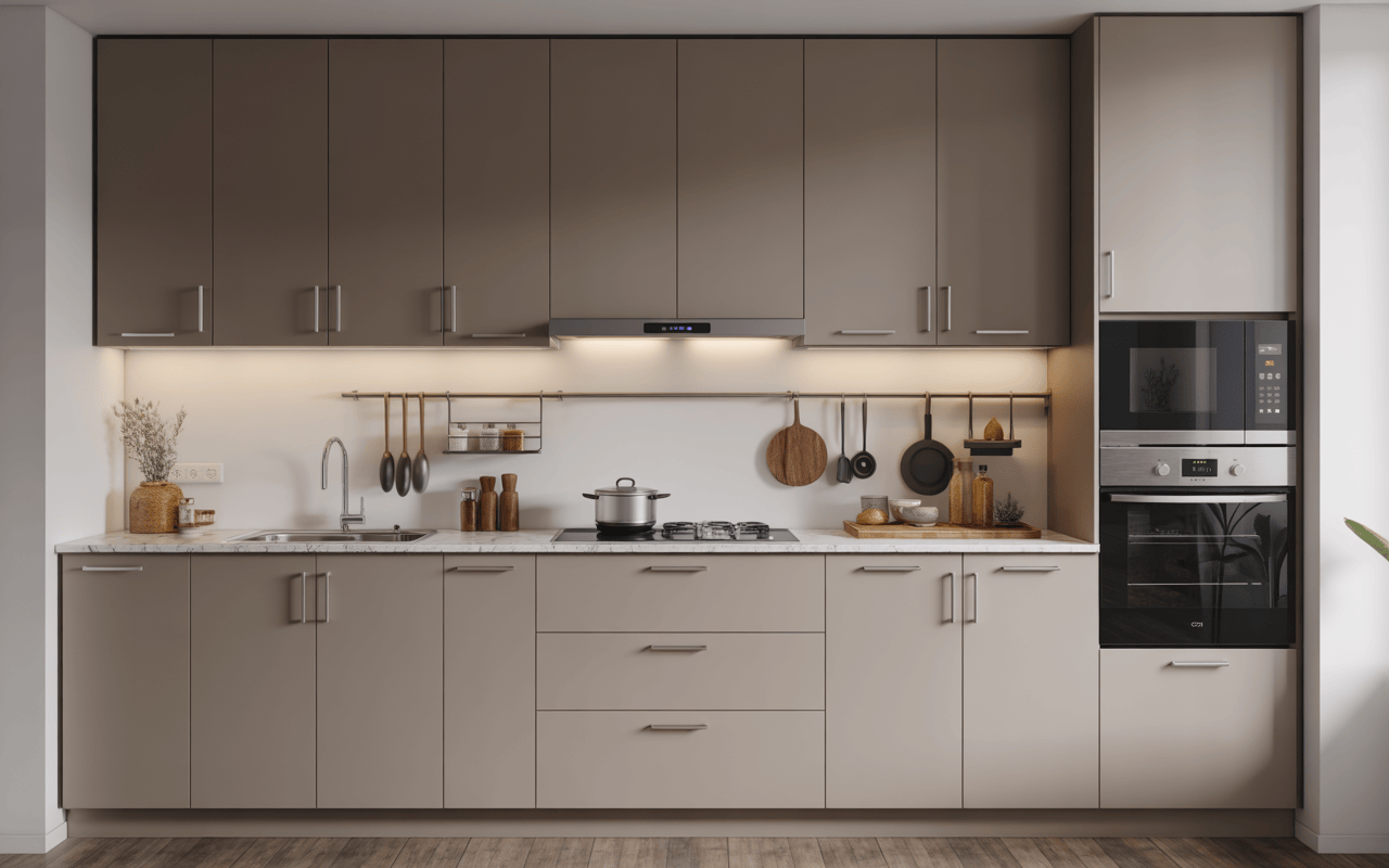 Stylish modular kitchen design in low budget with matte finish and tall storage unit