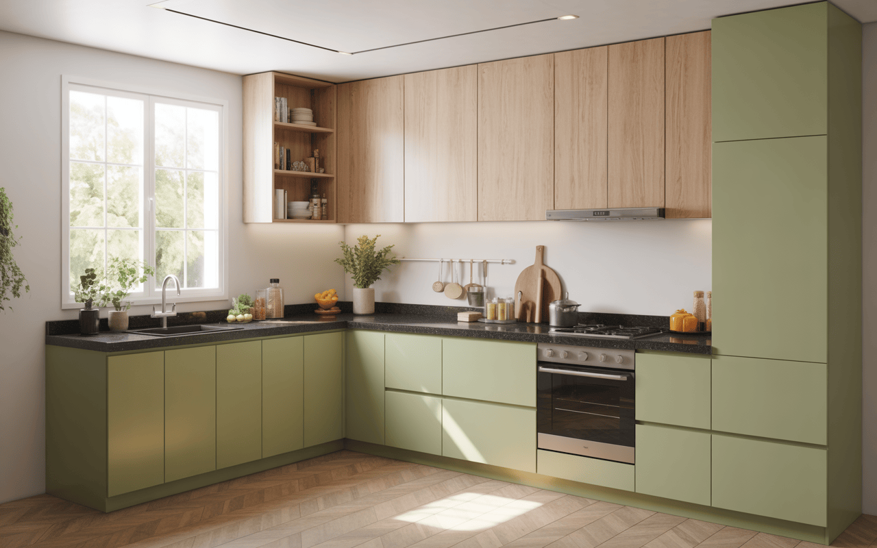 Natural modular kitchen design in low budget with green and wood-tone cabinets