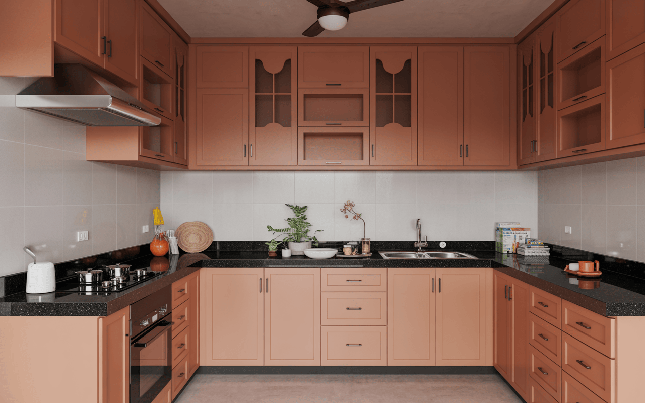 Classic small u shape low budget modular kitchen with terracotta-toned cabinets