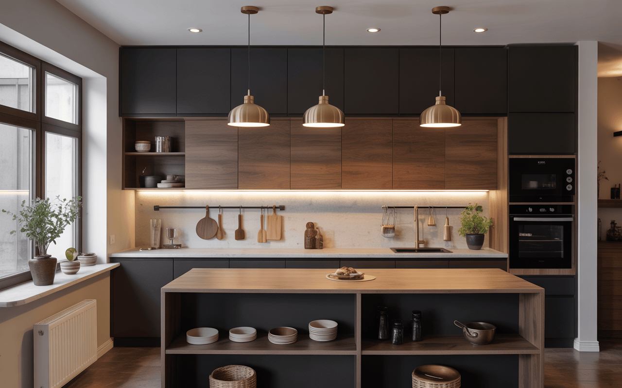 Elegant low cost modular kitchen design with matte cabinets and wooden island setup