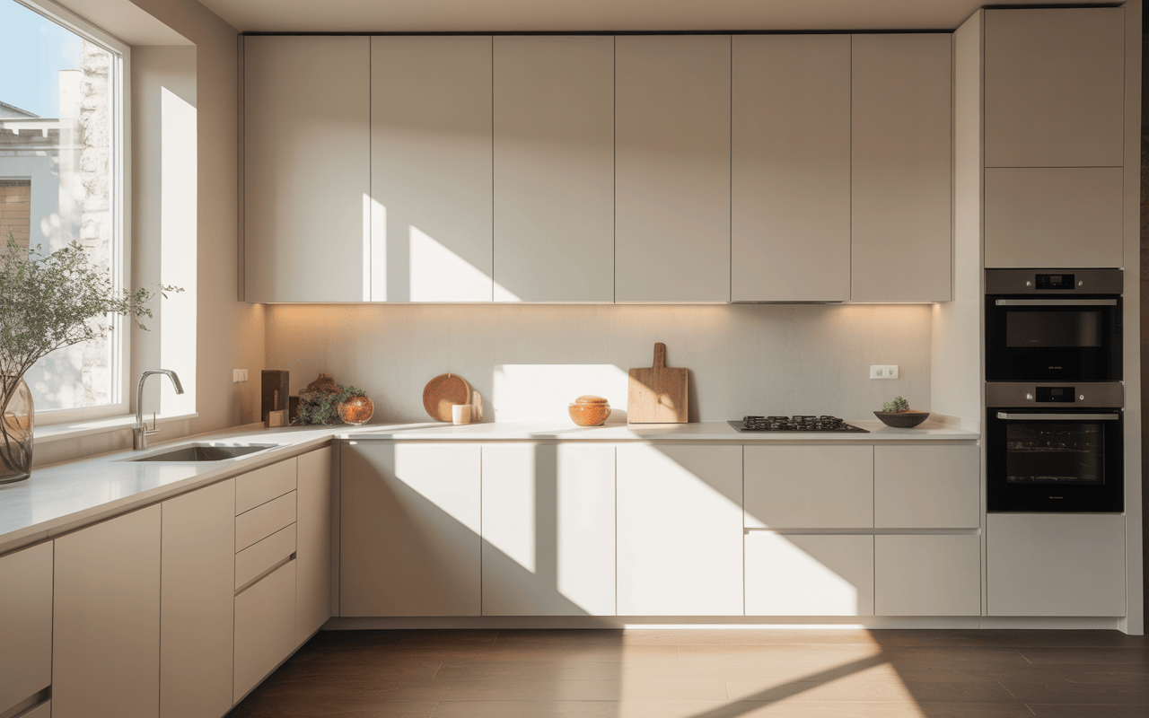 Minimal affordable modular kitchen with sleek beige cabinets and modern L-shaped layout