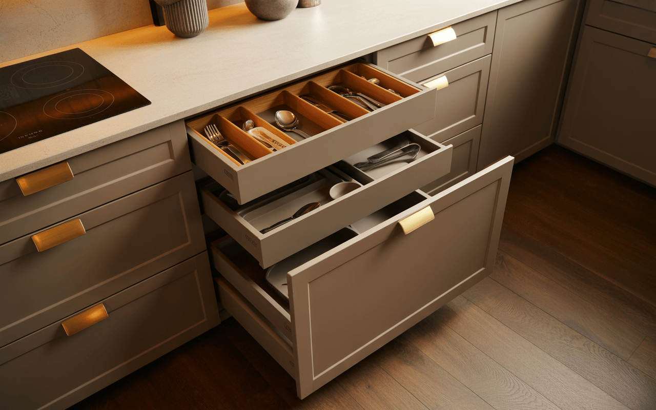 Smart affordable modular kitchen with budget-friendly pull-out drawer storage design