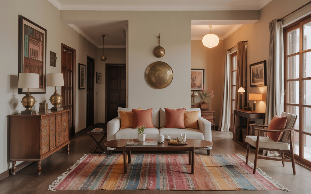 Warm Thane interior design trends in a cozy living room with ethnic decor touches
