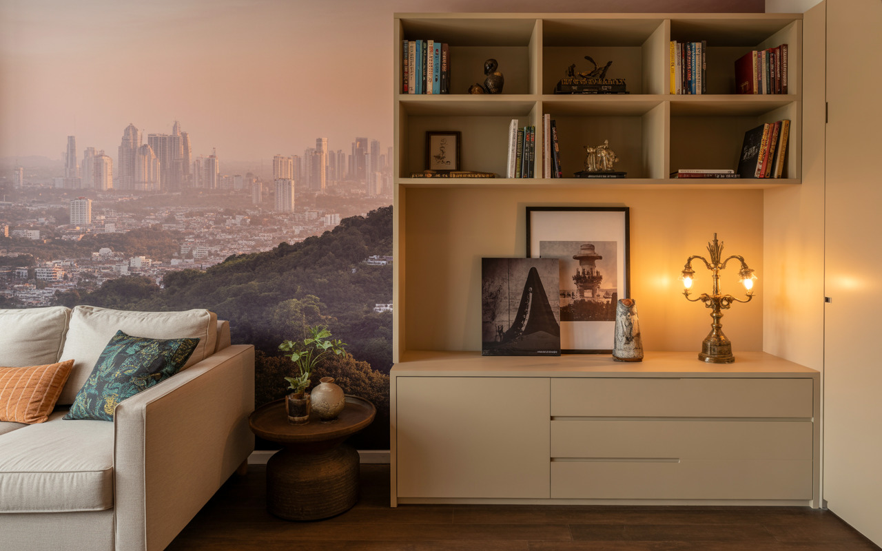 Warm user-friendly interior designs in Thane with mural and functional bookshelf space